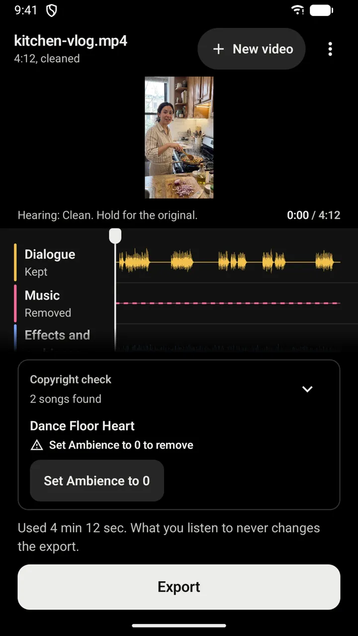 MusicWipe on Android showing a cleaned kitchen vlog with the dialogue kept and the music track removed