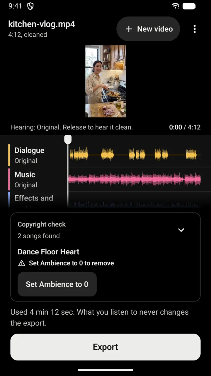 The same video in MusicWipe while holding to hear the original, with the music track still present