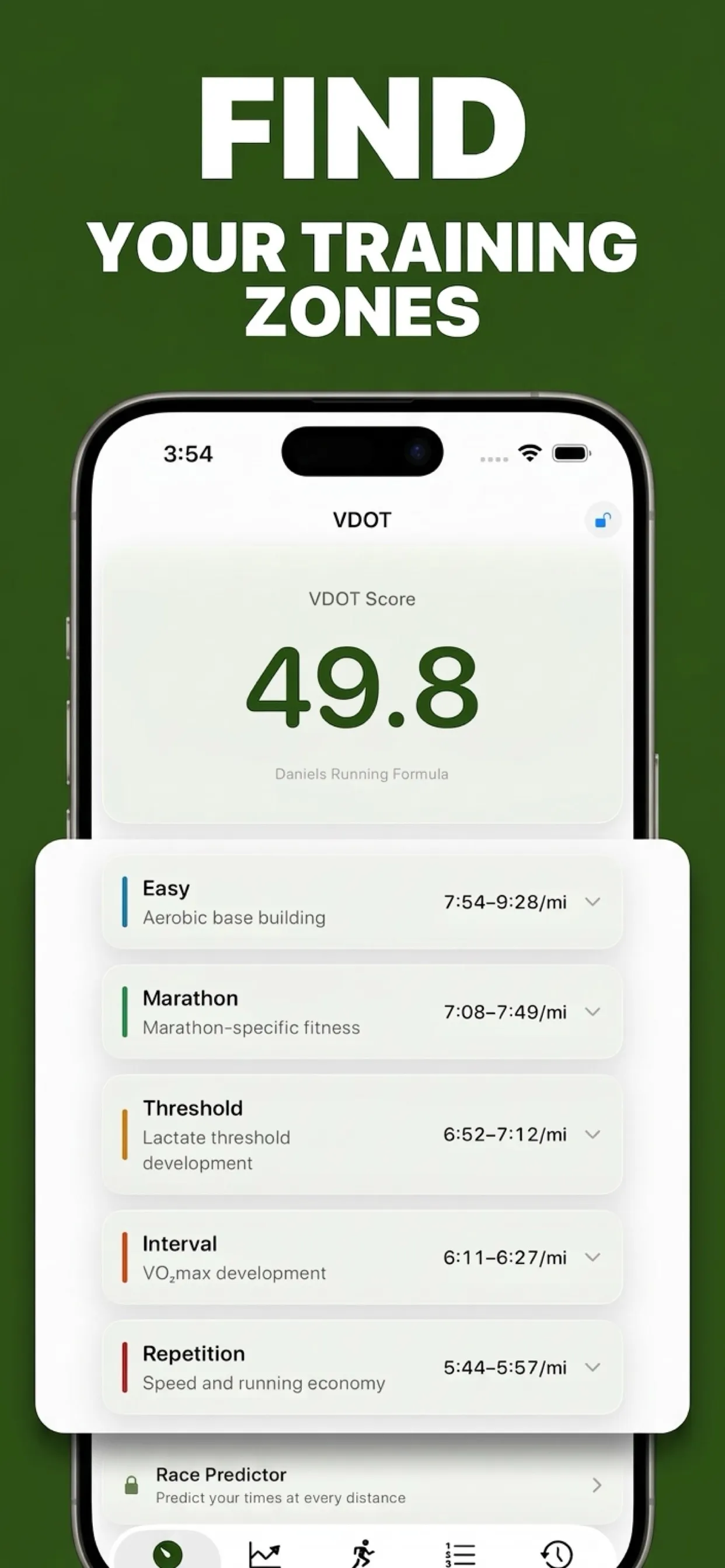 Pacesmith showing the VDOT training zones screen