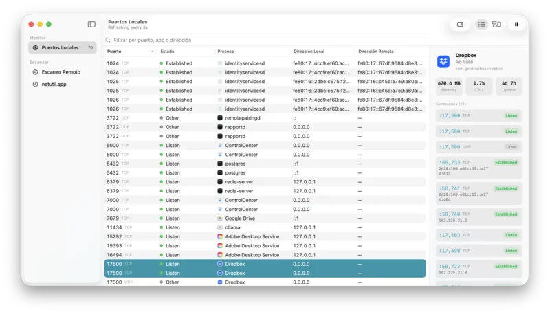 Vista de puertos locales