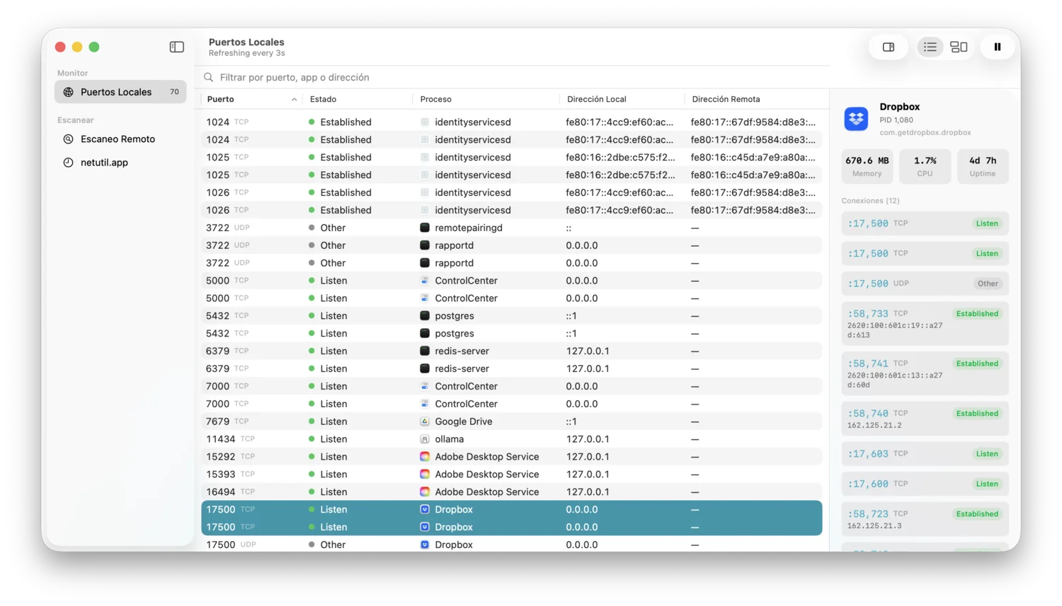 Portie mostrando el monitoreo de puertos locales en vivo