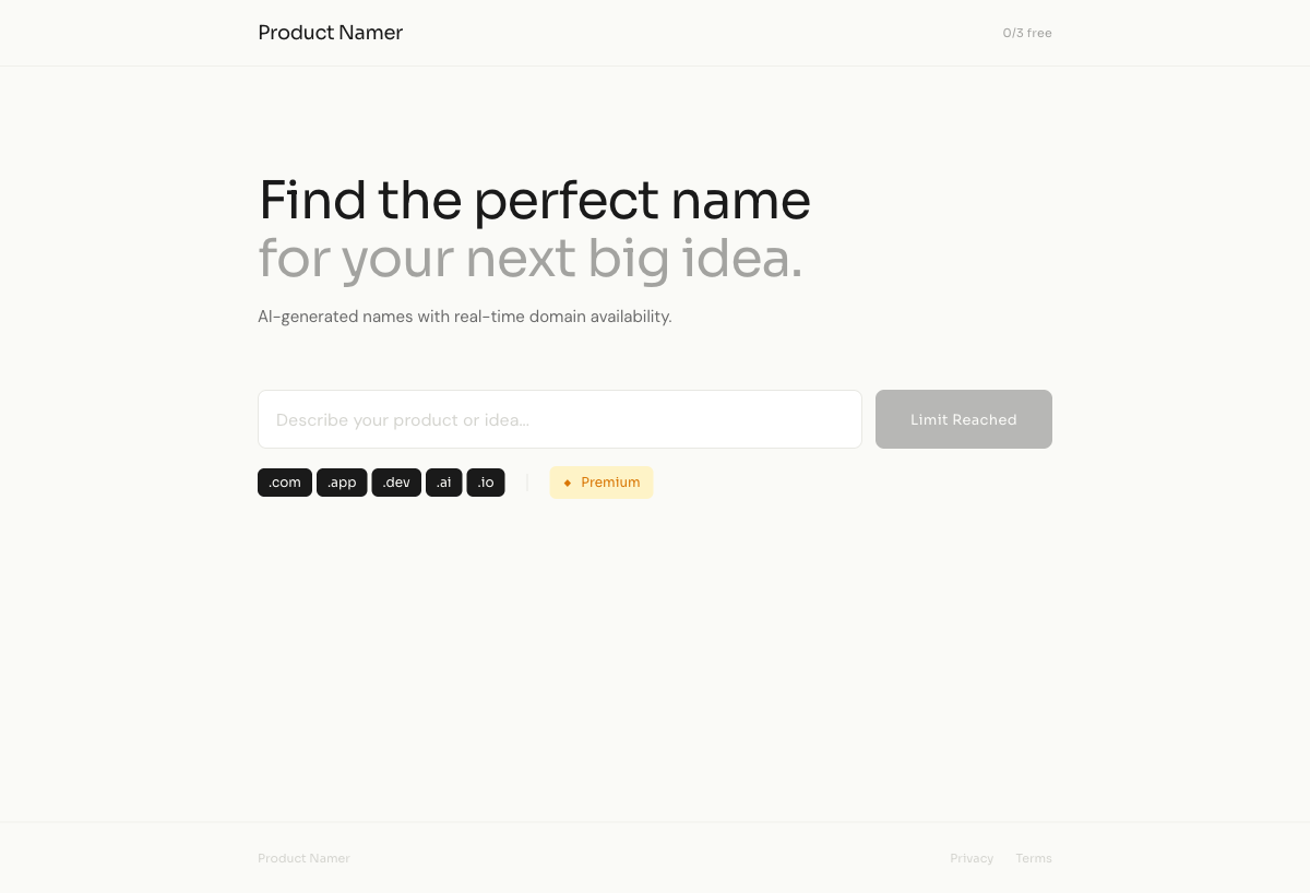 Pronoun showing the search interface and domain availability filters