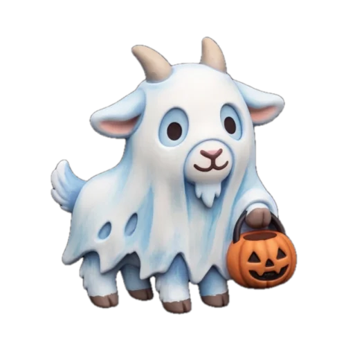 A small pygmy goat in a ghost sheet holding a pumpkin trick-or-treat bucket