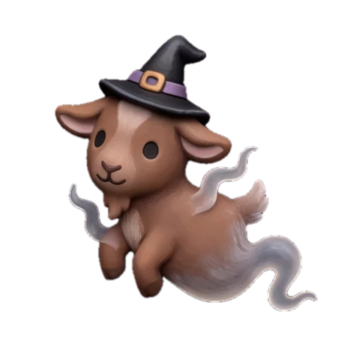 A brown pygmy goat with a witch hat and ghost tail