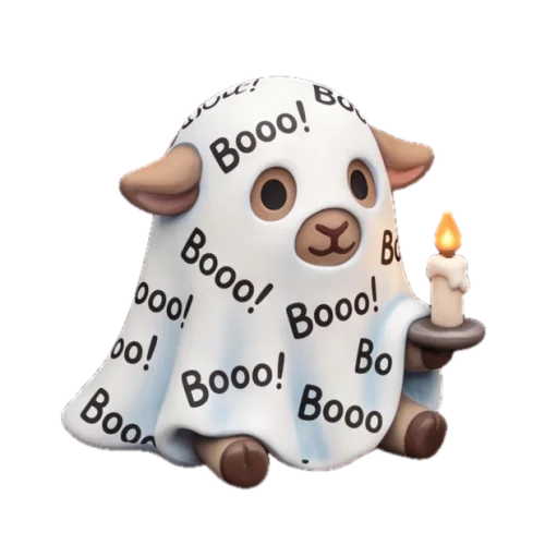 A pygmy goat in a ghost sheet printed with Booo holding a candle