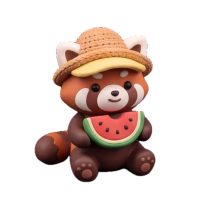 A small clay-style red panda in a straw hat holding a slice of watermelon