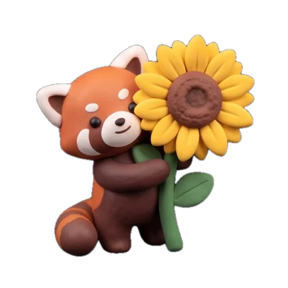 A clay-style red panda holding a sunflower nearly as tall as itself