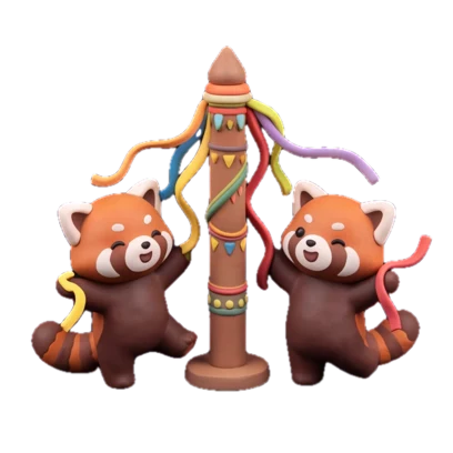 Two red pandas dancing around a tall maypole strung with colored ribbons