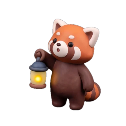 A red panda holding a small glowing lantern in both paws
