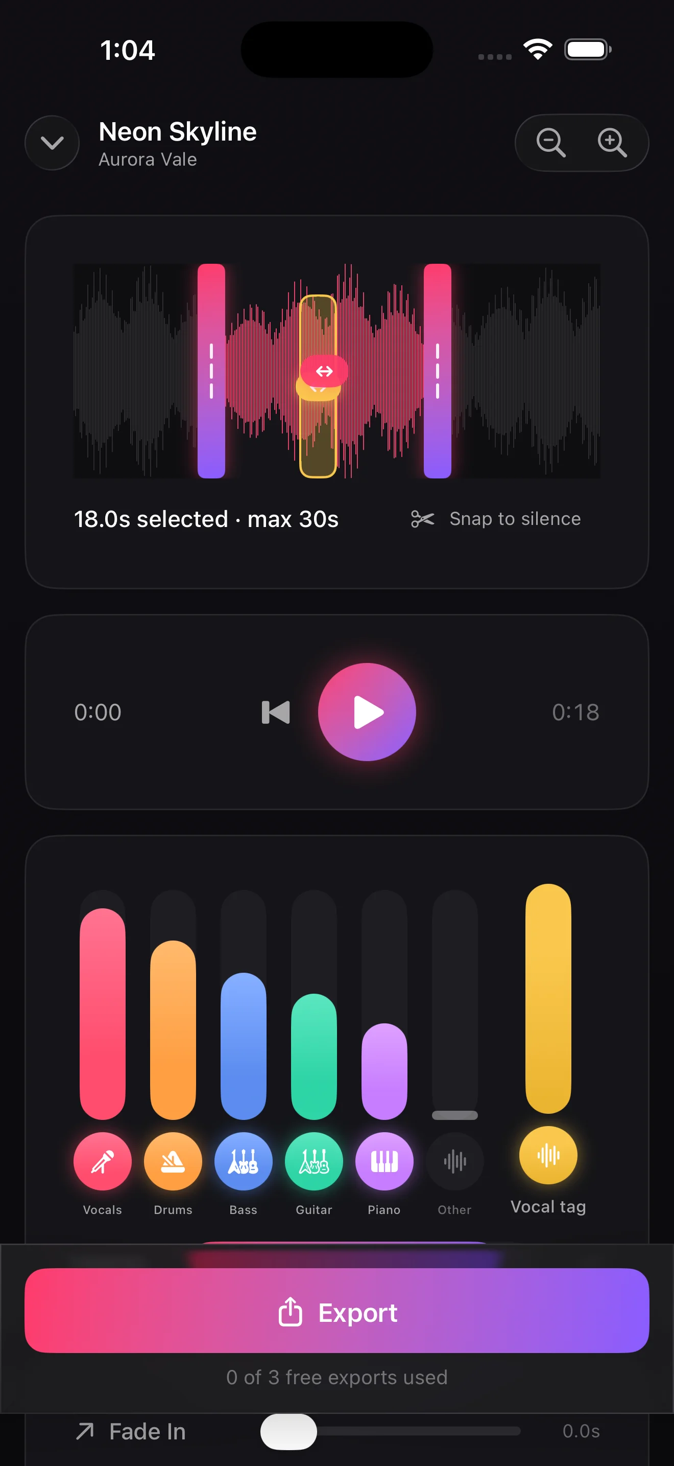 The main editor showing a waveform with trim handles, a playback bar, and a six-stem mixer with colored faders
