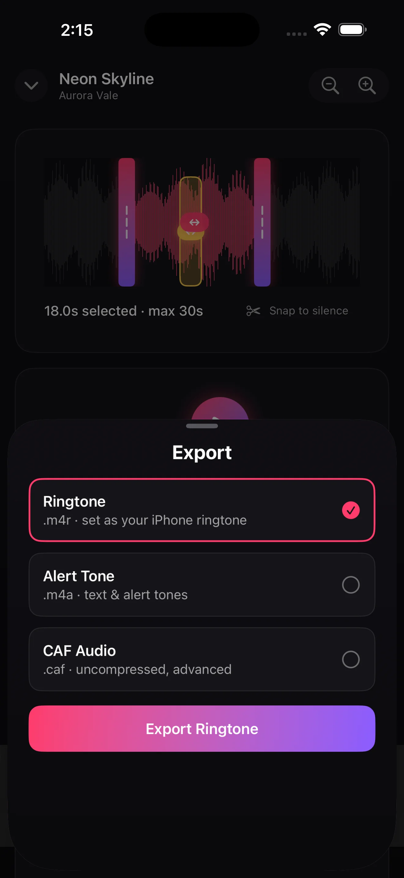 The export sheet with options for Ringtone, Alert Tone, and CAF Audio, and an Export Ringtone button
