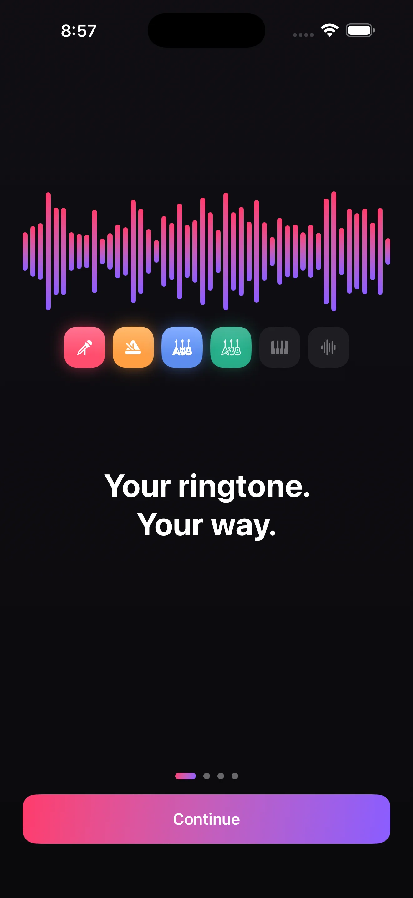 The RingMix welcome screen with a colorful waveform and the tagline Your ringtone. Your way.
