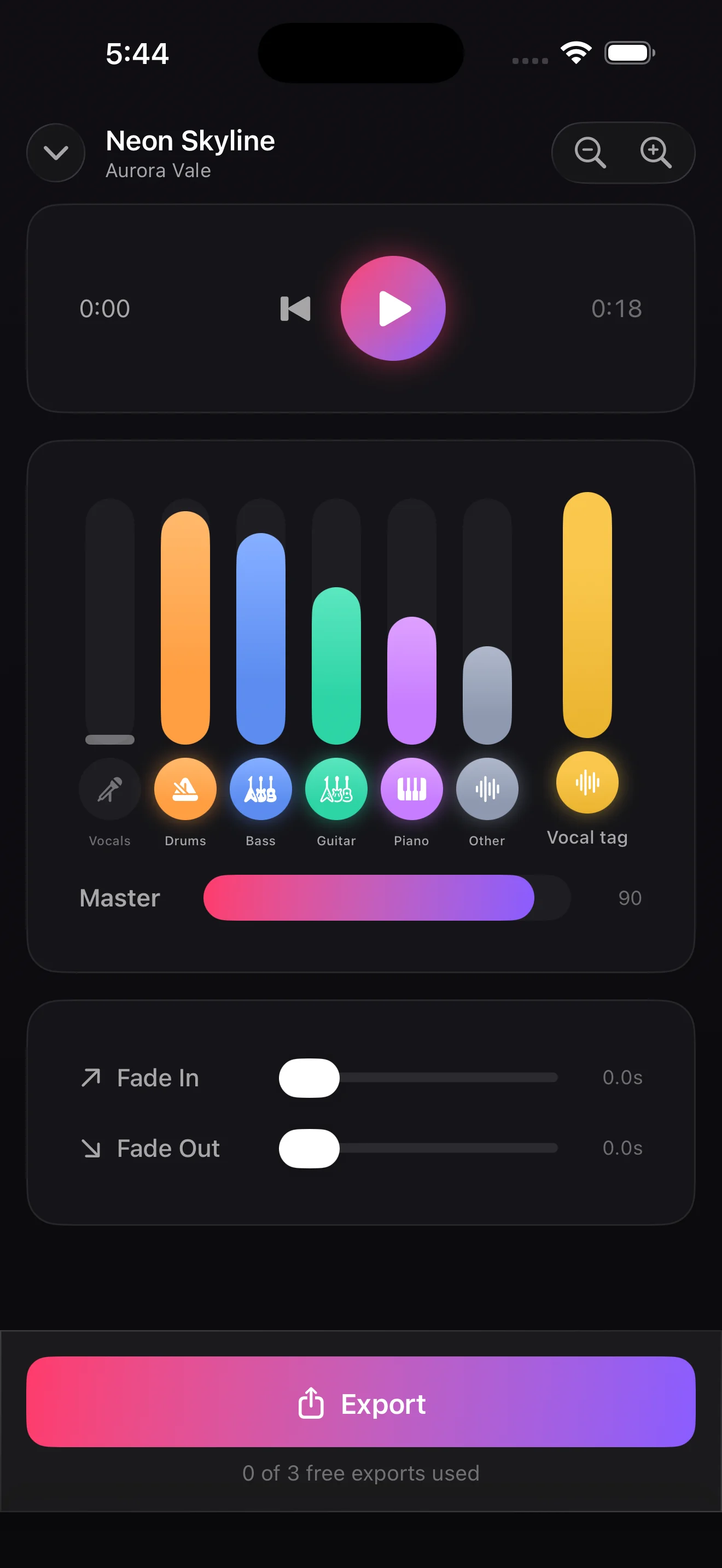 The stem mixer showing all six tracks with individual volume faders and toggle icons for each instrument