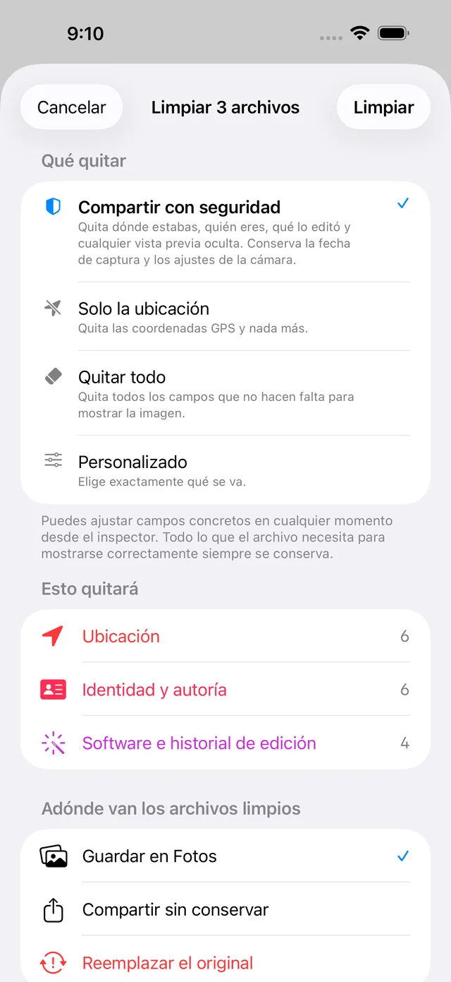 La hoja de limpieza de Scrubb con los ajustes Compartir con seguridad, Solo ubicación, Quitar todo y Personalizado, sobre un resumen de lo que quitará cada uno