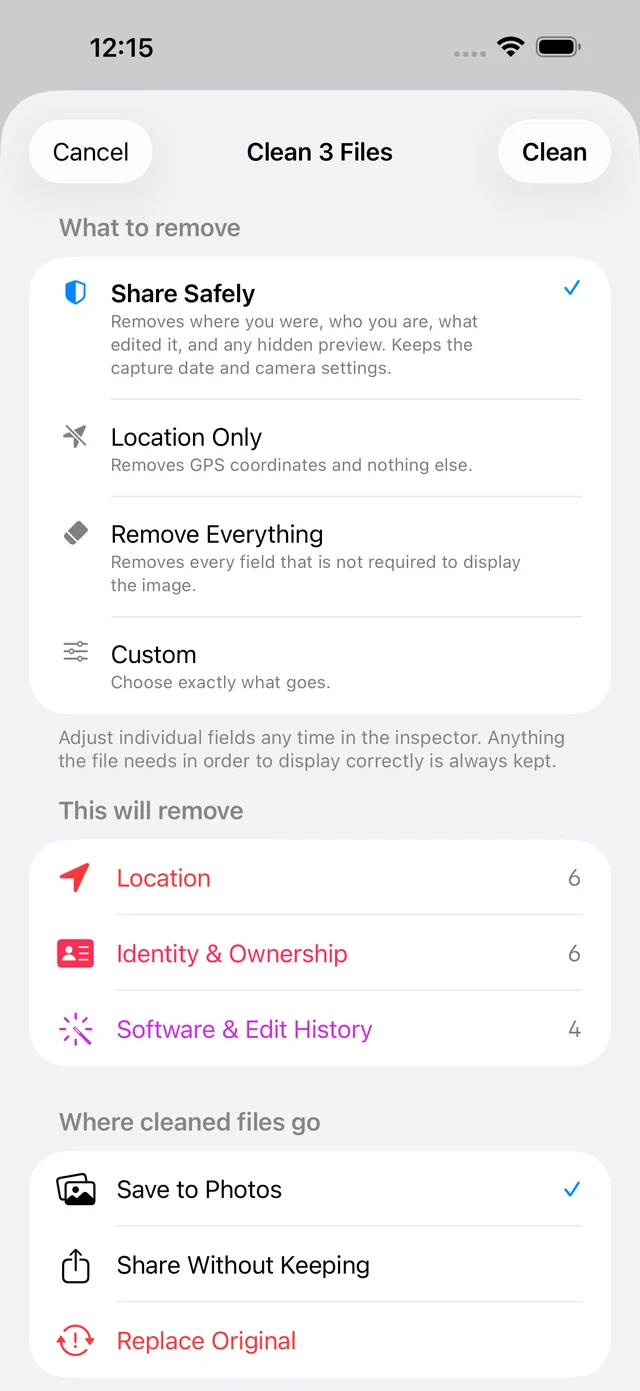 Scrubb's cleaning sheet offering Share Safely, Location Only, Remove Everything and Custom presets, above a summary of what each will remove