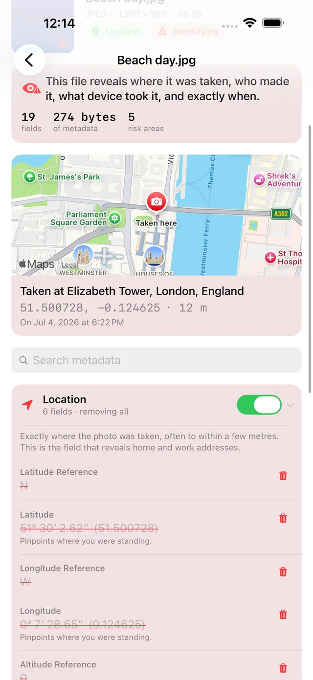 Scrubb's Location section listing Latitude, Longitude and Altitude with their real values struck through in red, each with a delete control