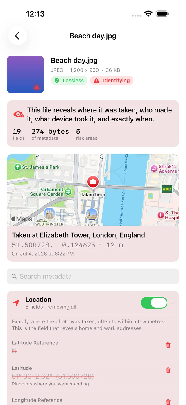 Scrubb's inspector showing a photo flagged Identifying, a summary reading 19 fields and 5 risk areas, and a map pinned to Elizabeth Tower in London beside its GPS coordinates