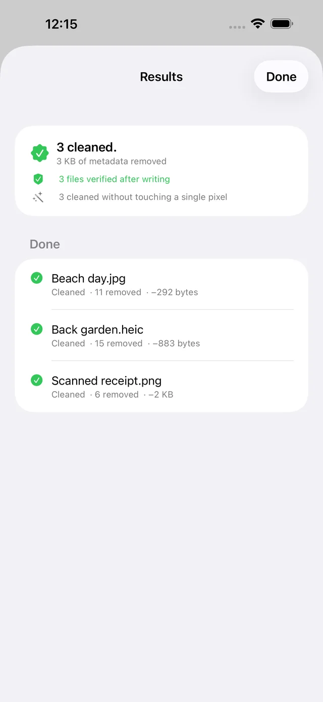 Scrubb's results screen reading 3 cleaned, 3 KB of metadata removed, 3 files verified after writing, and 3 cleaned without touching a single pixel