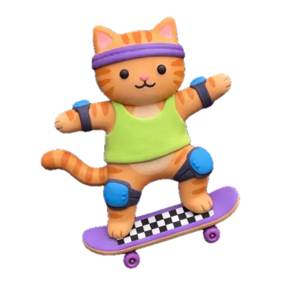 An orange tabby cat in a green tank top and purple headband on a checkered purple skateboard