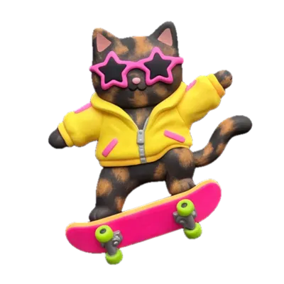 A tortoiseshell cat with pink star sunglasses in a yellow hoodie on a neon pink skateboard