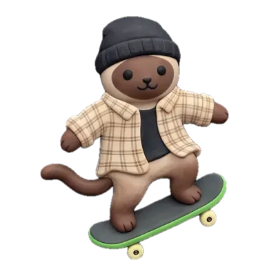 A dark brown cat in a plaid shirt and black beanie on a green skateboard