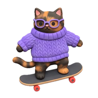 A tortoiseshell cat in a chunky purple knit sweater and round glasses on a grey skateboard