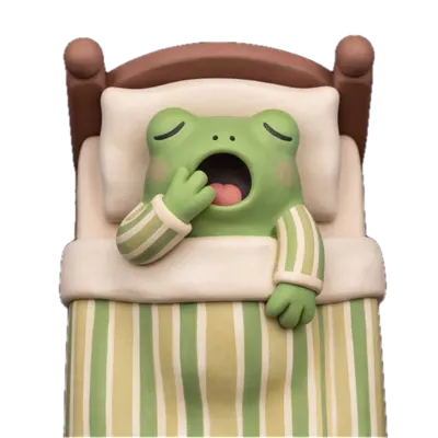 A green frog in striped pyjamas yawning in a wooden bed