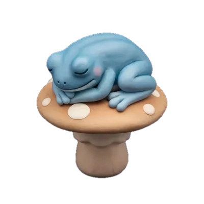 A blue frog napping on top of a spotted mushroom
