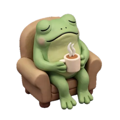 A green frog slumped in an armchair holding a steaming mug with half-closed eyes