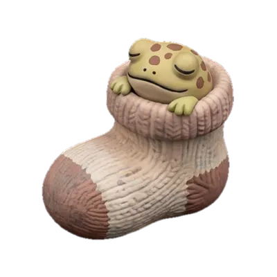 A spotted yellow-green frog curled up inside a knit wool boot