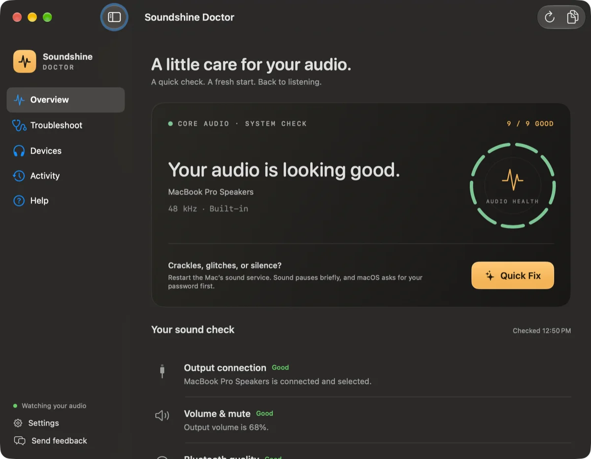 Soundshine Doctor showing a Mac’s sound check with nine checks passing and a Quick Fix button.