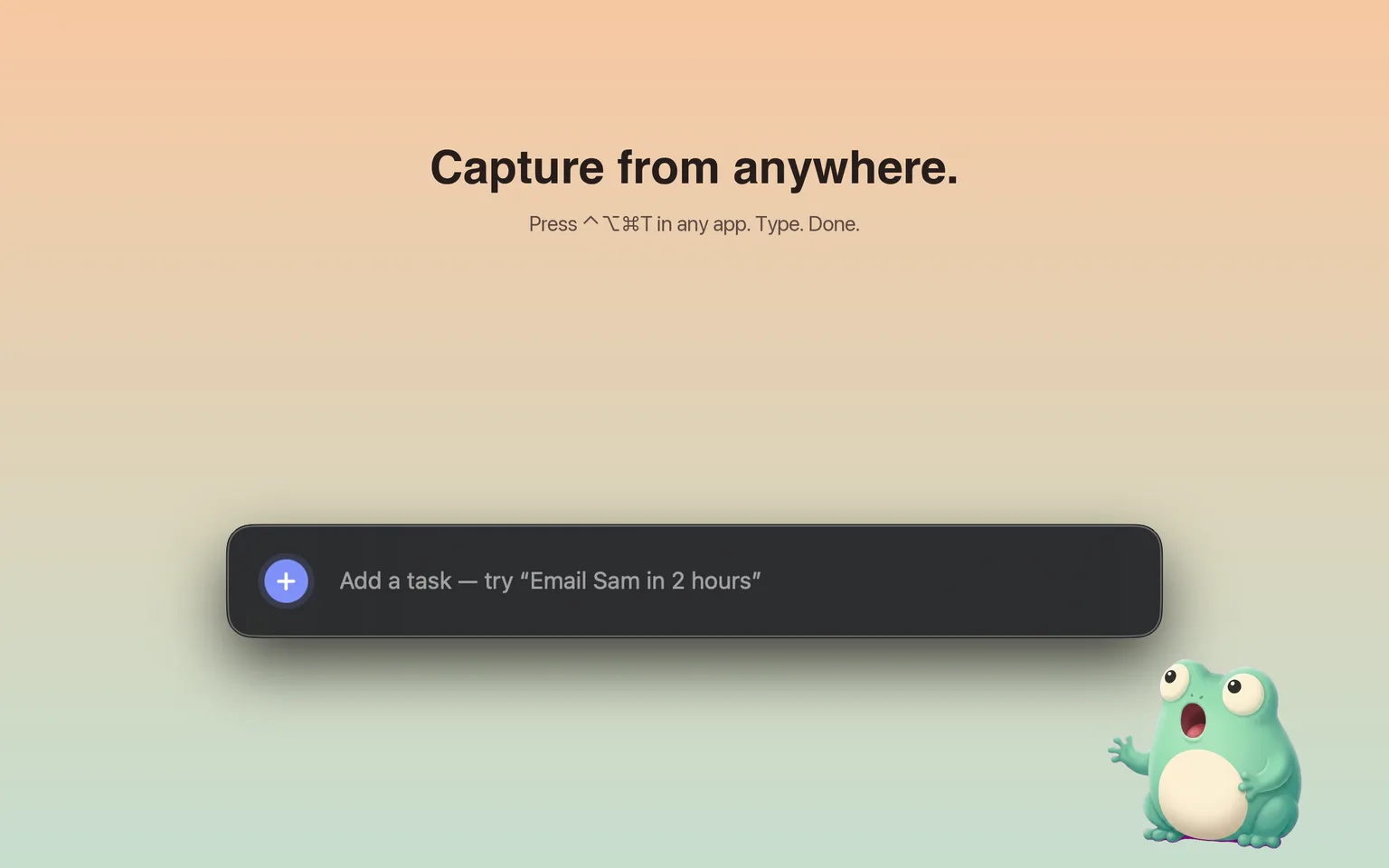 TodoBar Quick Add panel floating over the desktop with placeholder text “Email Sam in 2 hours”