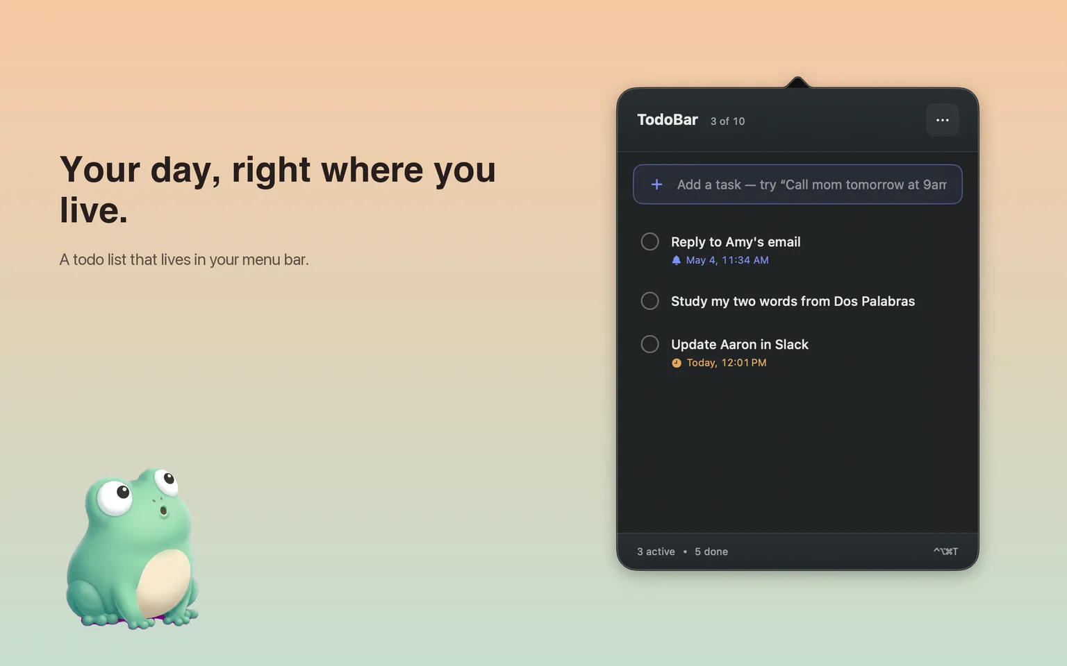TodoBar showing the task list popover with three active tasks and the add-task field at top