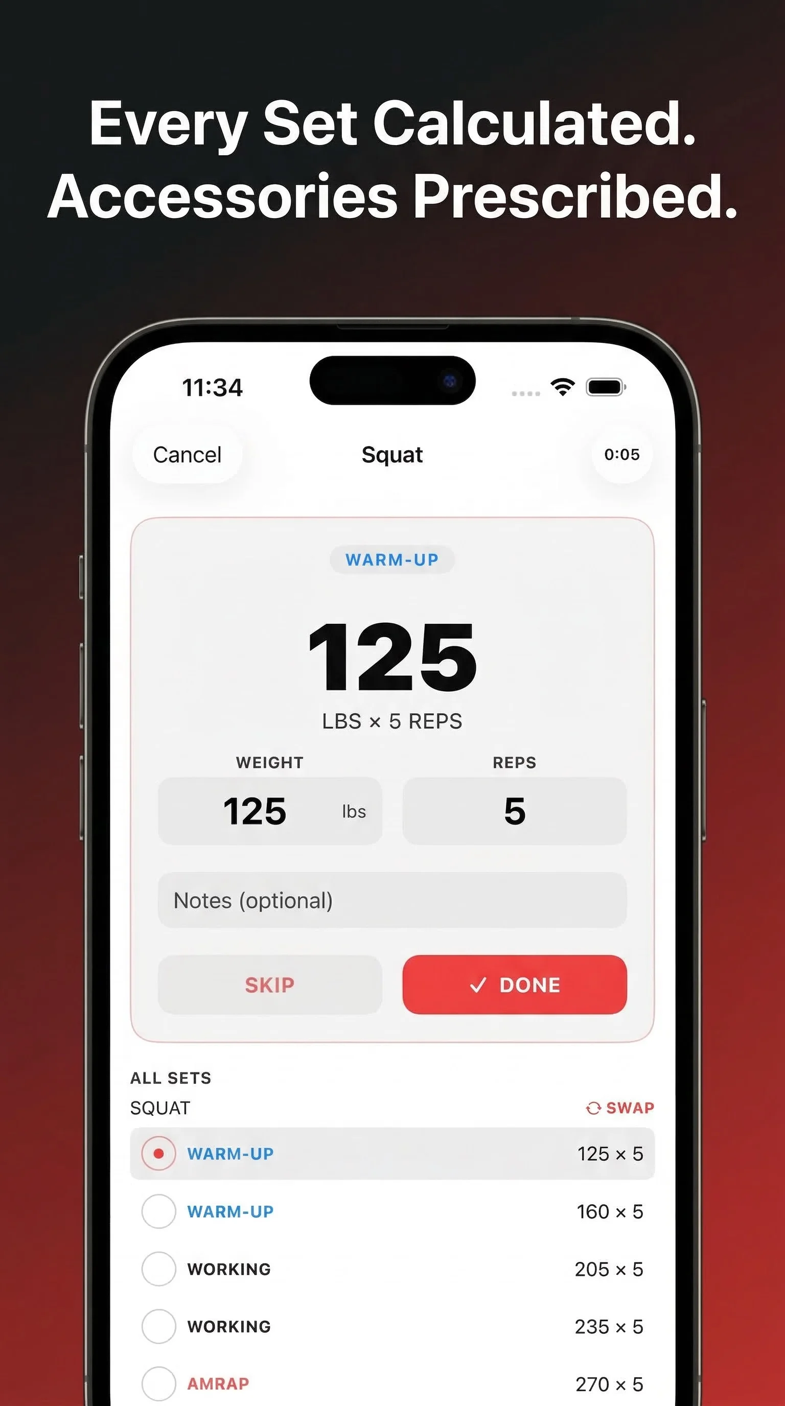 Train531 workout view showing squat warmup sets