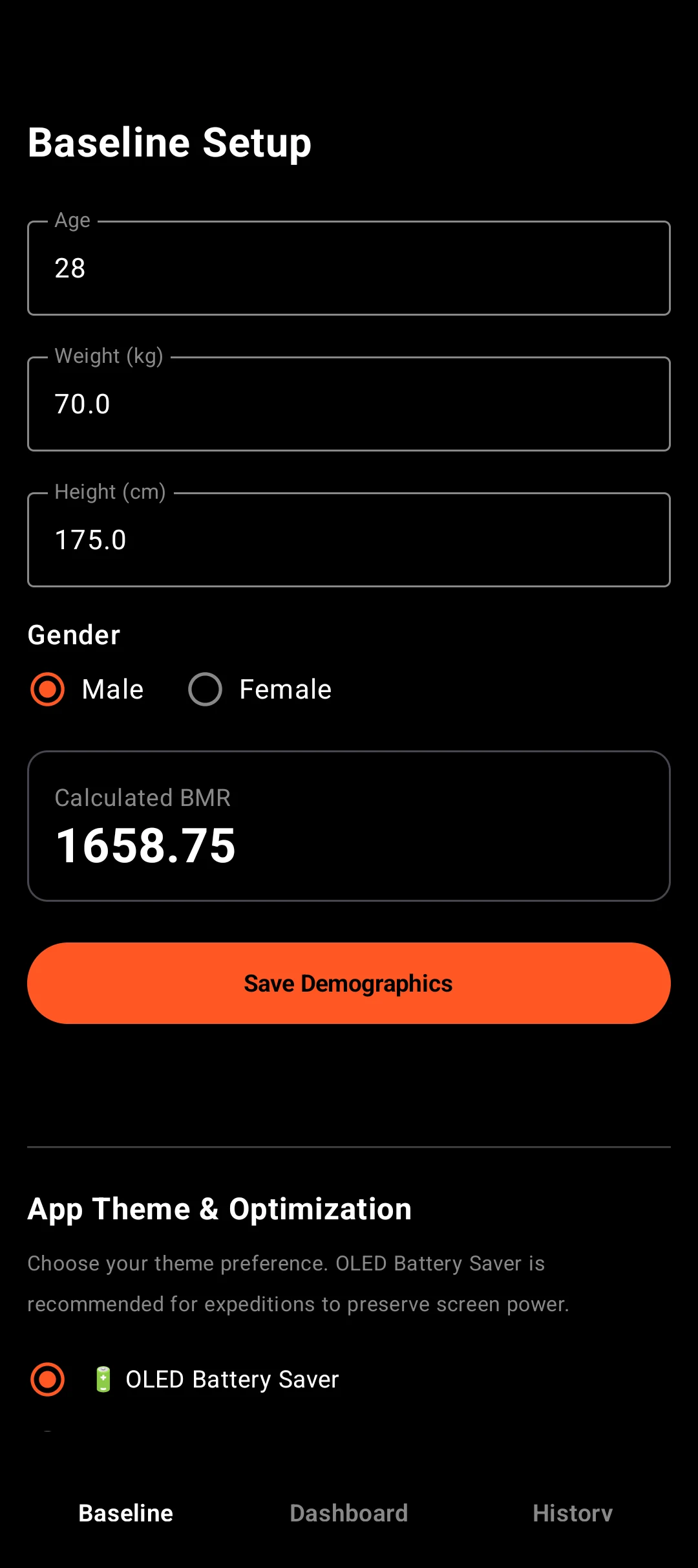 The baseline setup screen with age, weight, height, and a calculated BMR