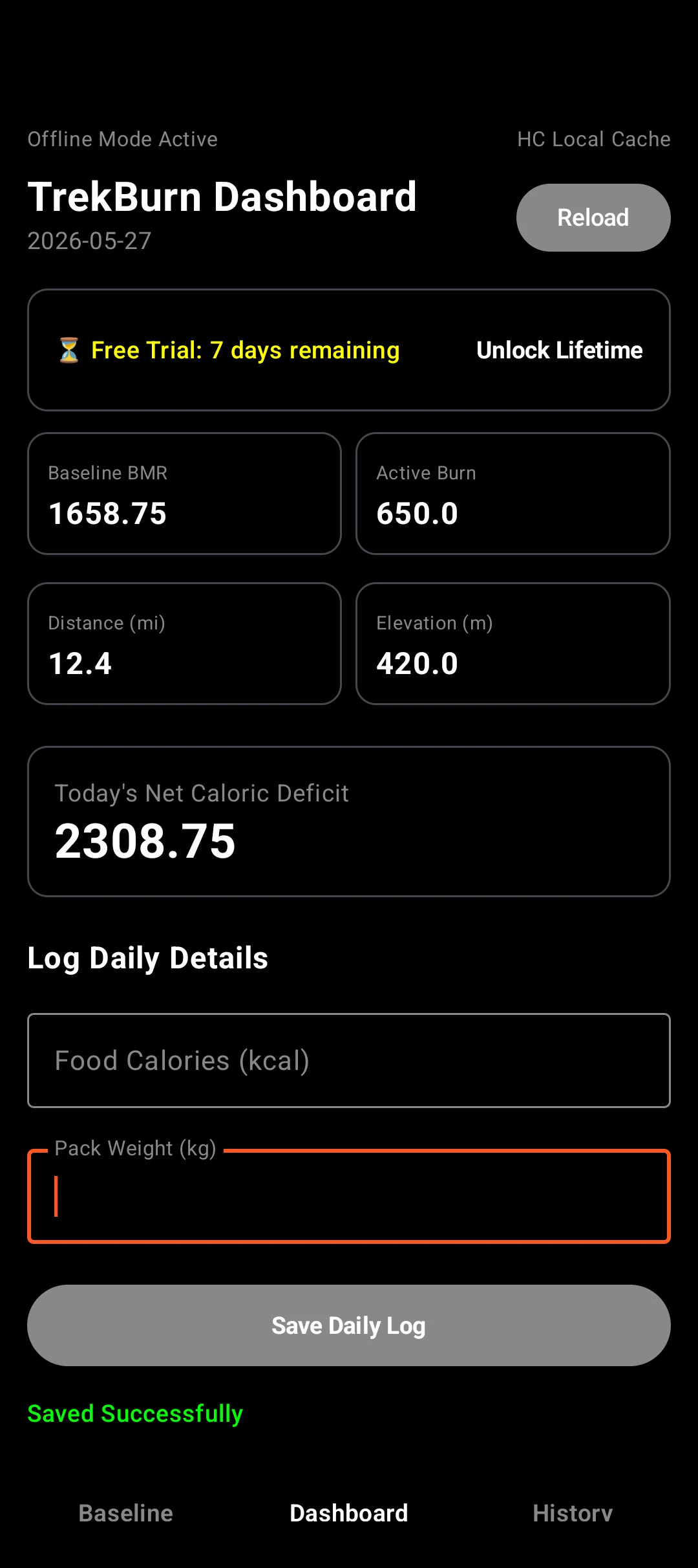The dashboard showing baseline BMR, active burn, distance, elevation, and today's net caloric deficit