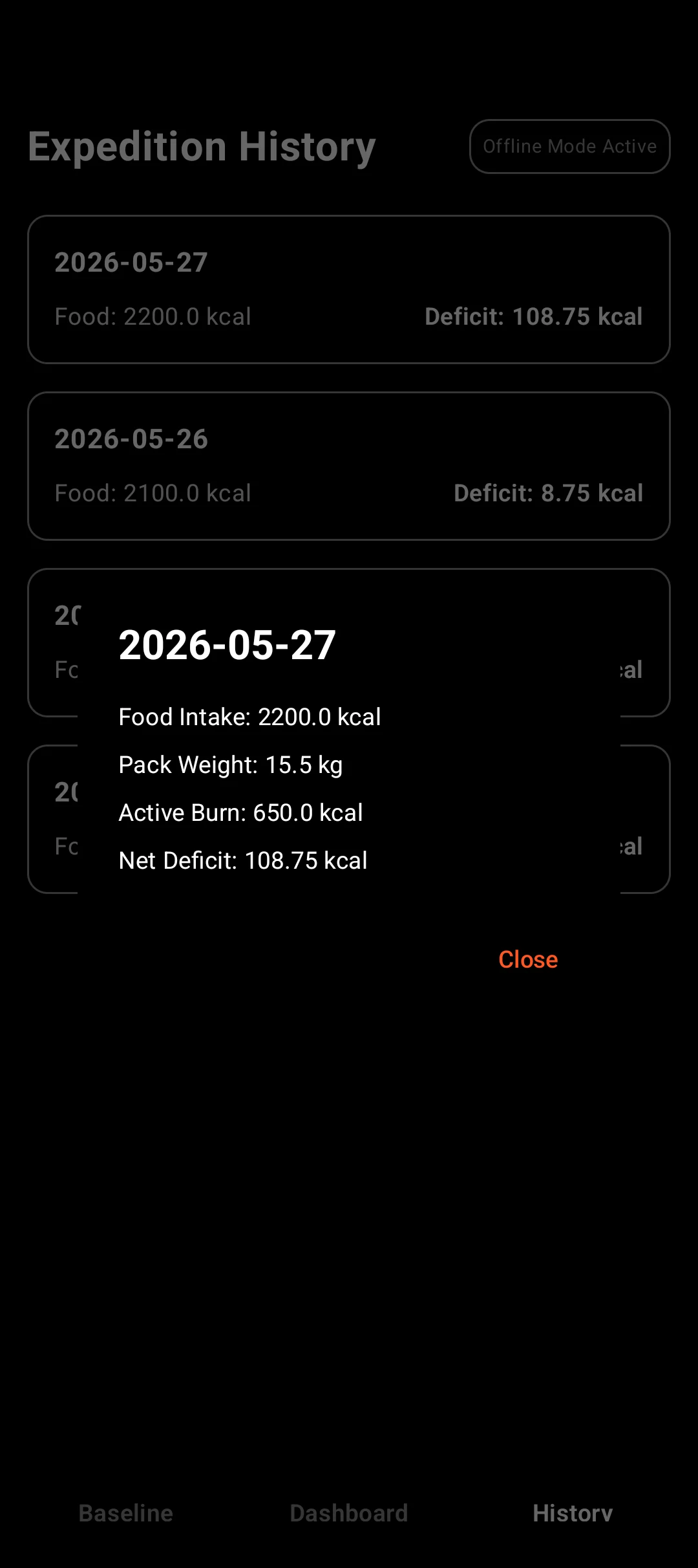 The expedition history list with daily food intake, pack weight, active burn, and net deficit
