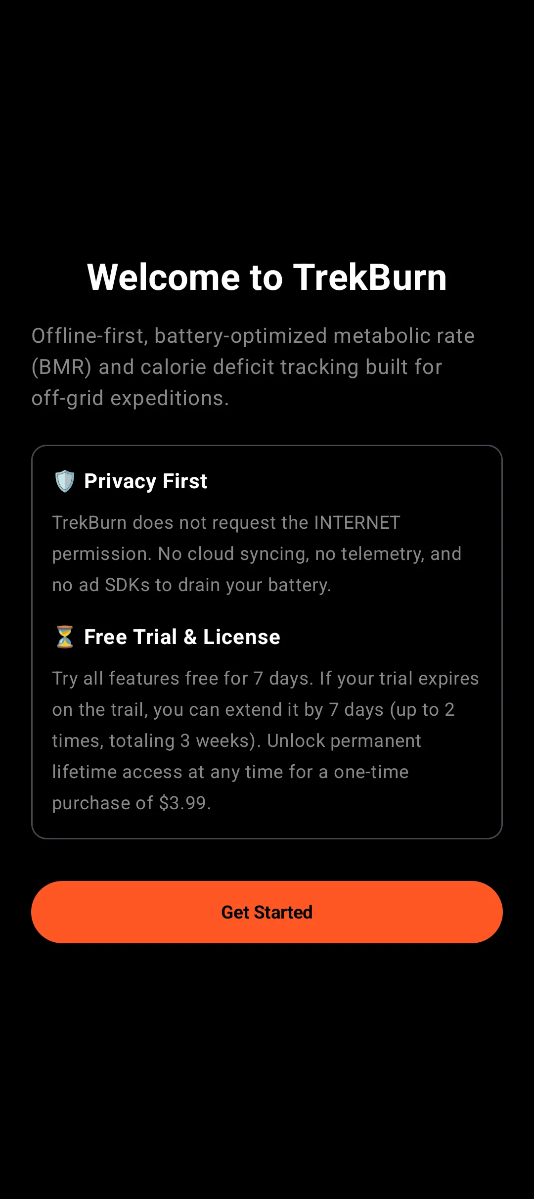 The TrekBurn welcome screen explaining its privacy-first, offline design and free trial