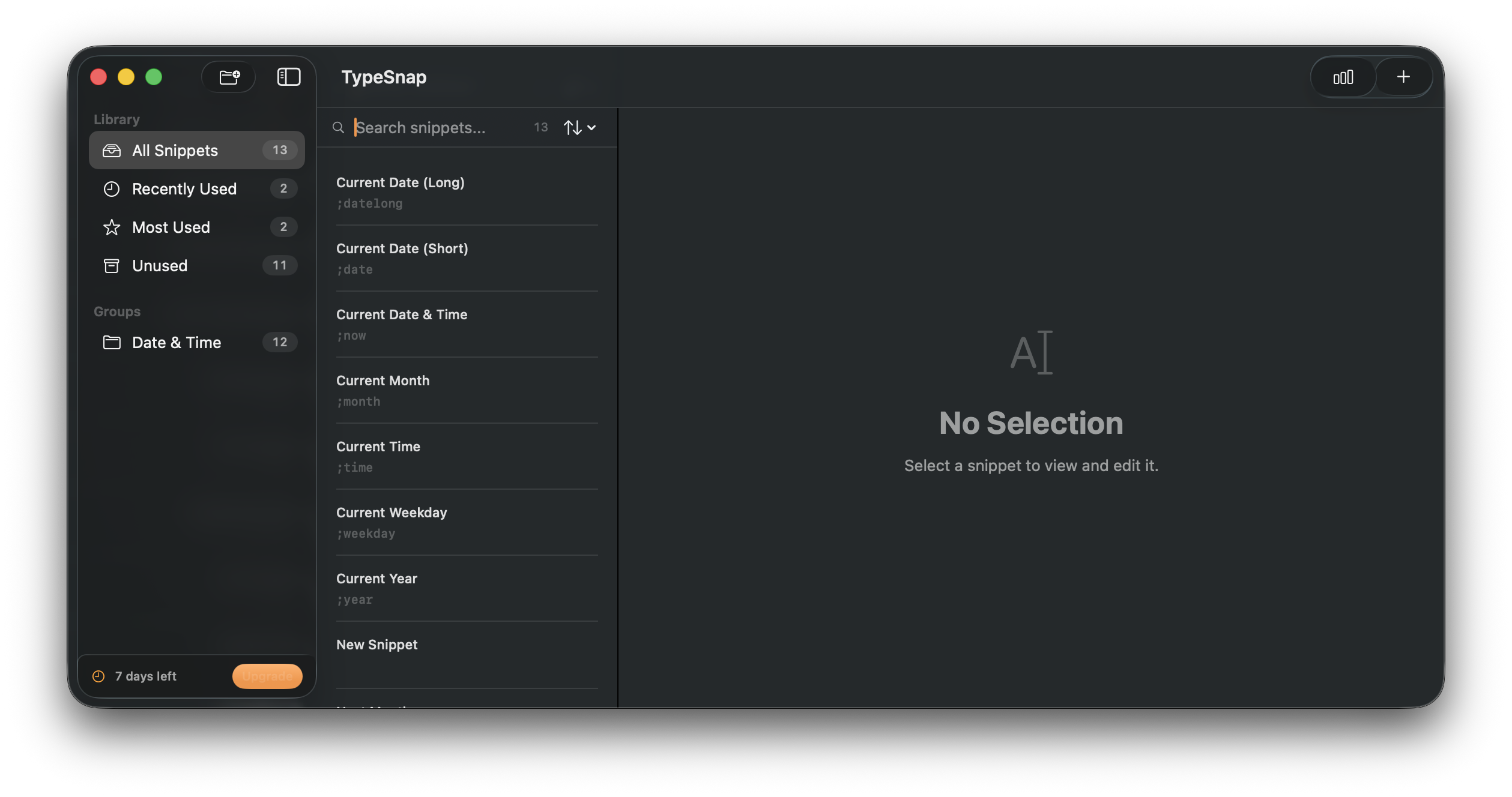 TypeSnap snippet list showing the main three-column interface