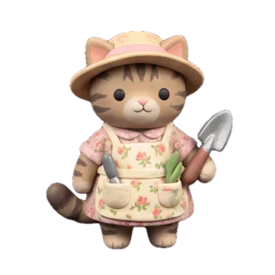 A tabby cat in a floral apron and straw hat holding a garden trowel
