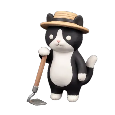 A tuxedo cat in a straw hat leaning on a garden hoe