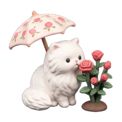 A fluffy white cat under a floral parasol sitting next to a rose bush