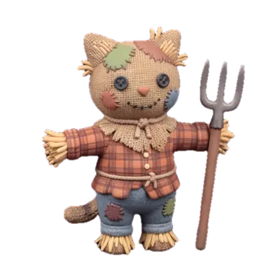A cat scarecrow made of burlap patches holding a pitchfork